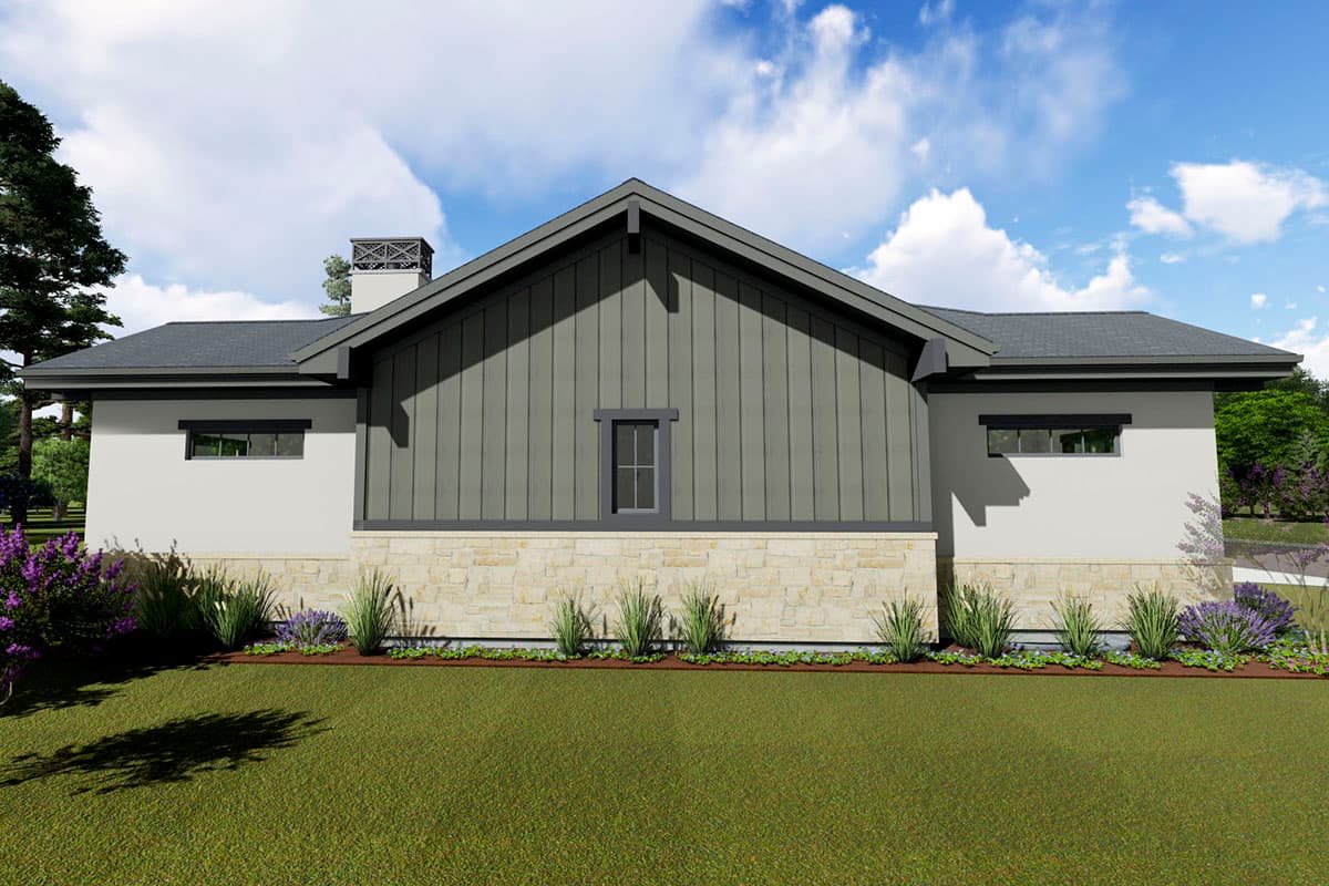 House plan exterior: Modern Ranch, single story, featuring stone base, vertical siding gable, chimney, and dark-trimmed windows.