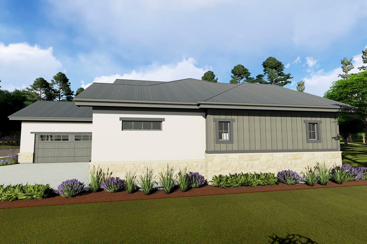 House plan exterior: Single-story Modern Farmhouse with stone base, vertical siding, and a two-car garage.