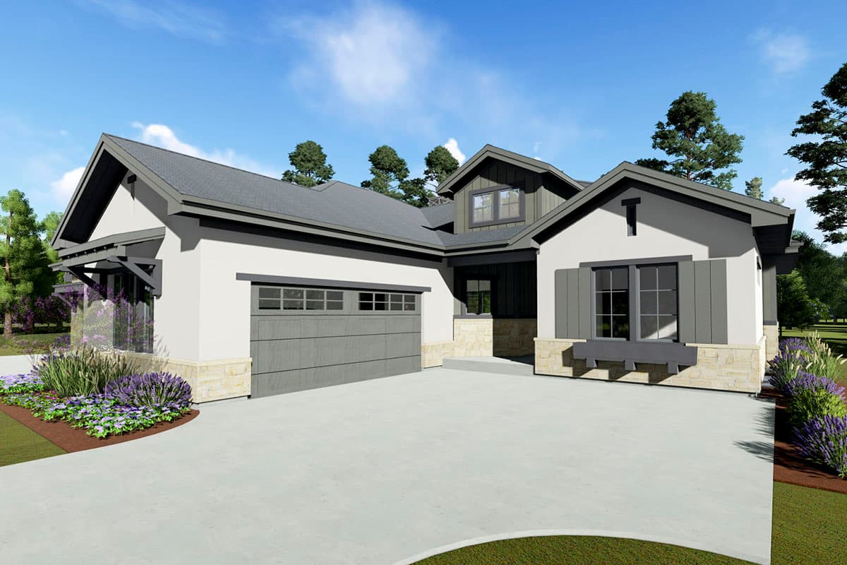 Modern Farmhouse house plan exterior with attached garage, stone accents, gabled rooflines, and dormer.