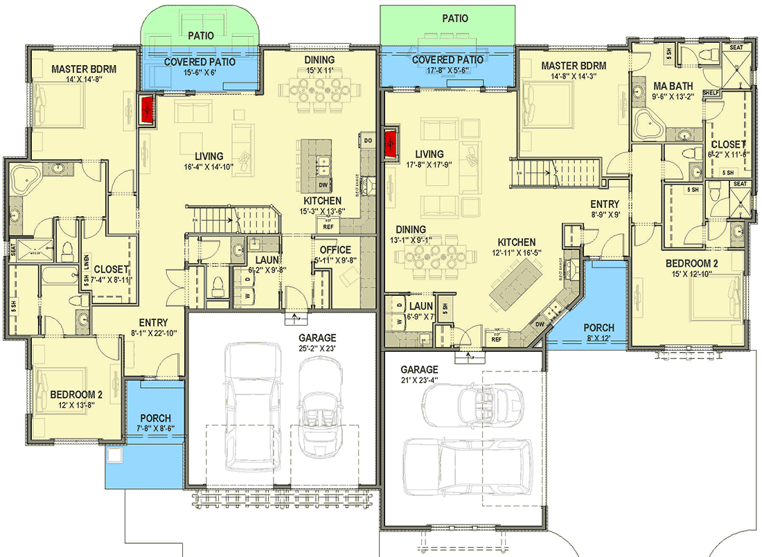 Plan 64489SC: Two-Family Prairie-style House Plan with Different Layouts - Floor Plan - Main Level - Craftsman, Farmhouse, Prairie