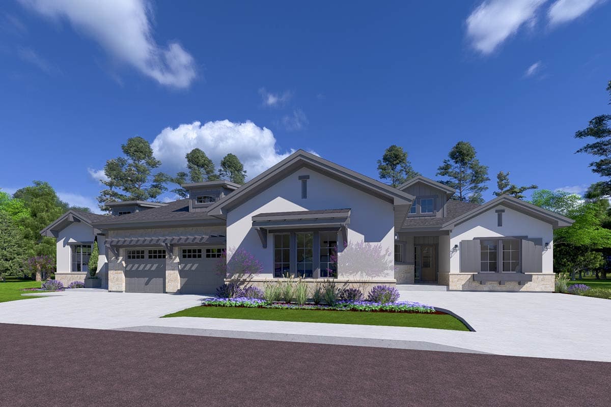 House plan exterior: Modern design with stucco facade, dormer windows, gabled rooflines, and a three-car garage with pergola.