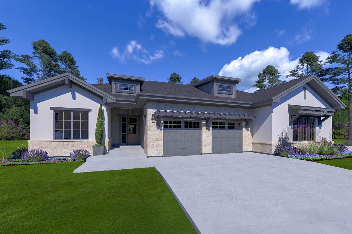 House plan exterior with stone accents, double garage, dormers, and hip rooflines.