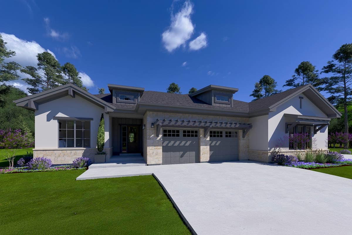 Modern Farmhouse house plan exterior with three-car garage, gables, dormers, and stone accents.