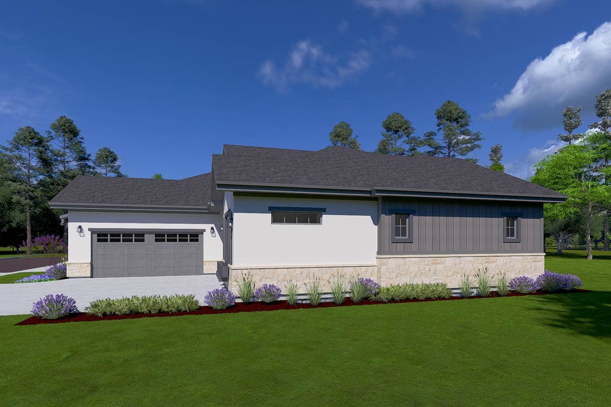 House plan exterior: Modern style, single-story with attached garage, stone base, and vertical siding.