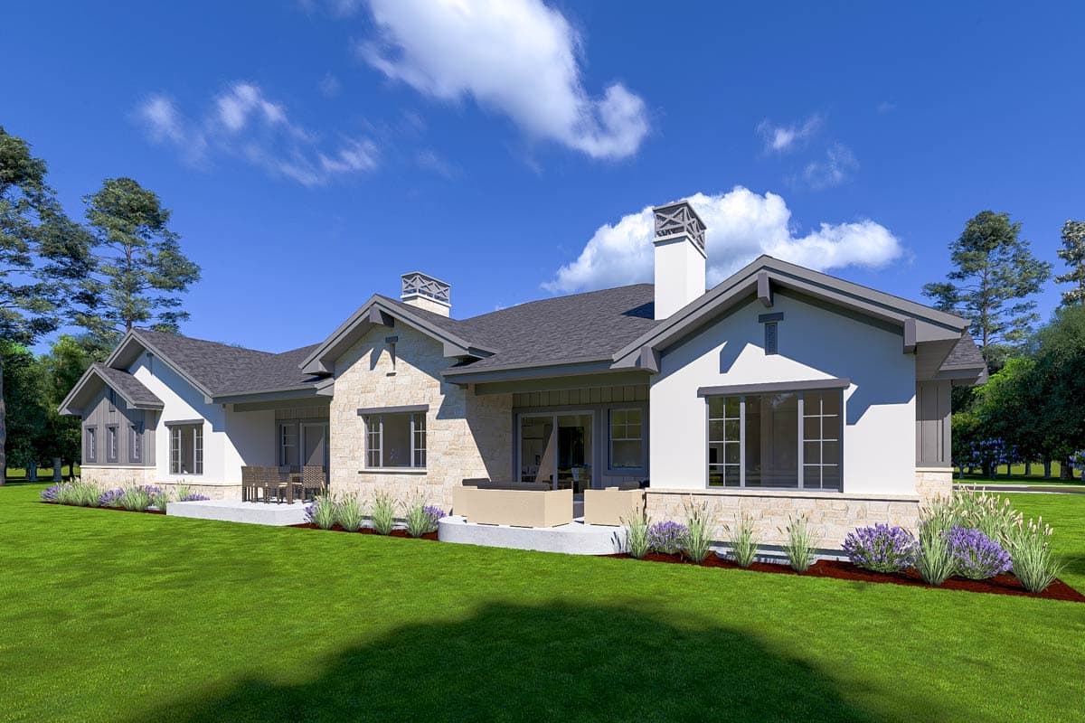 House plan exterior, one story, modern style, stone accents, gabled rooflines, and prominent chimneys.