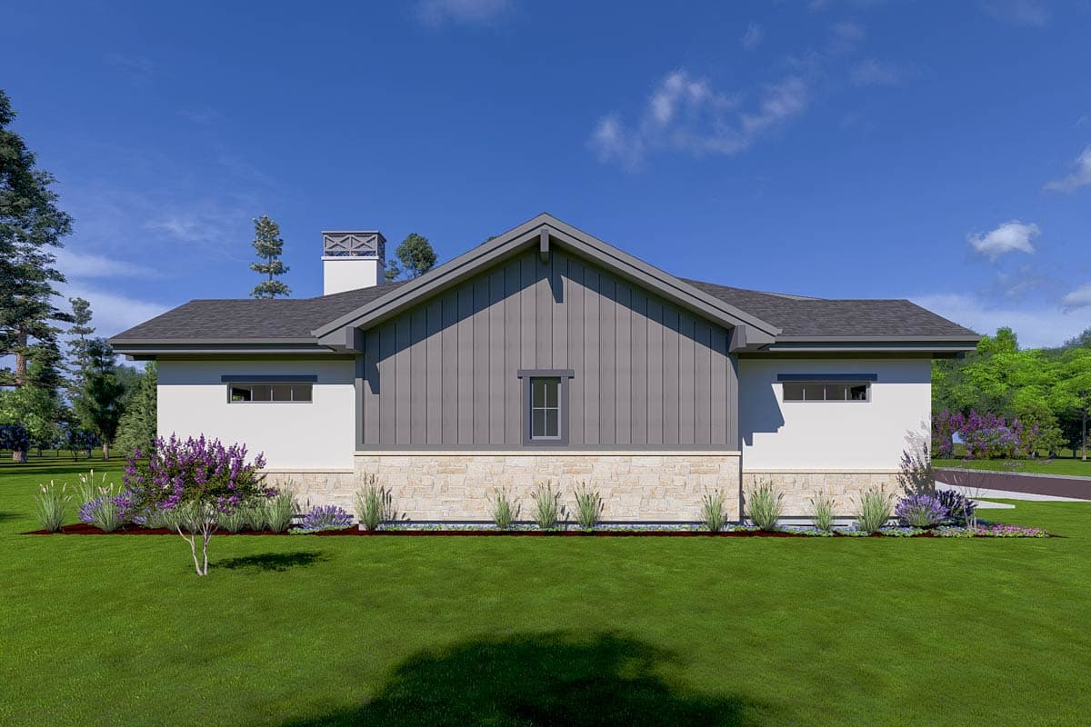 House plan exterior: one-story modern farmhouse with stone base, vertical siding, gable roof, and chimney.