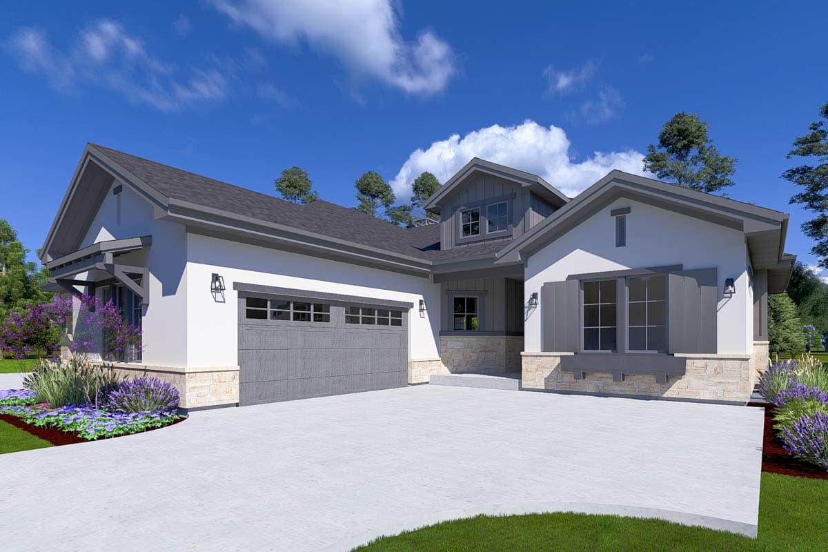 House plan exterior featuring a modern farmhouse style, two-car garage, gabled rooflines, stone accents, and large windows with shutters.