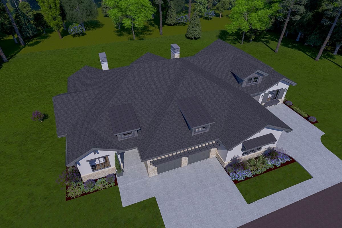 House plan exterior: One-story modern farmhouse with a three-car garage, stone accents, dormers, and a prominent gable.