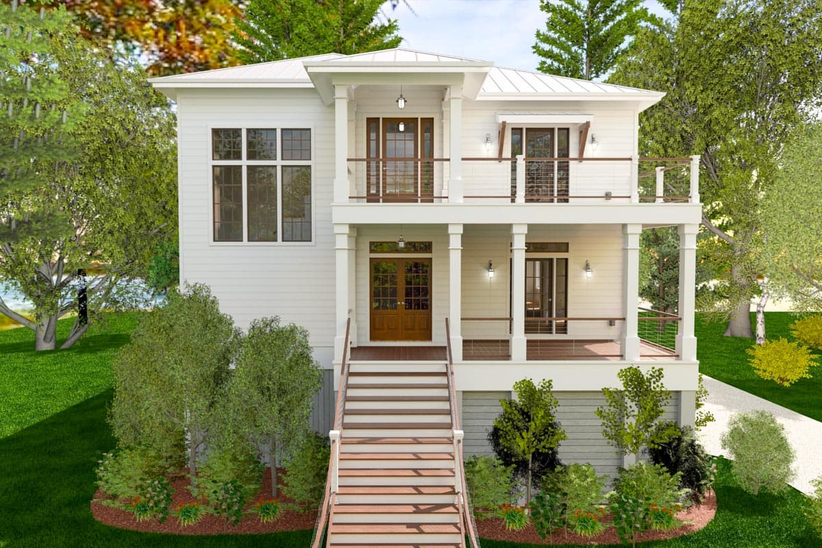 House plan exterior with two stories. Features include a porch with columns and railings, gabled roof, and multi-paned windows.