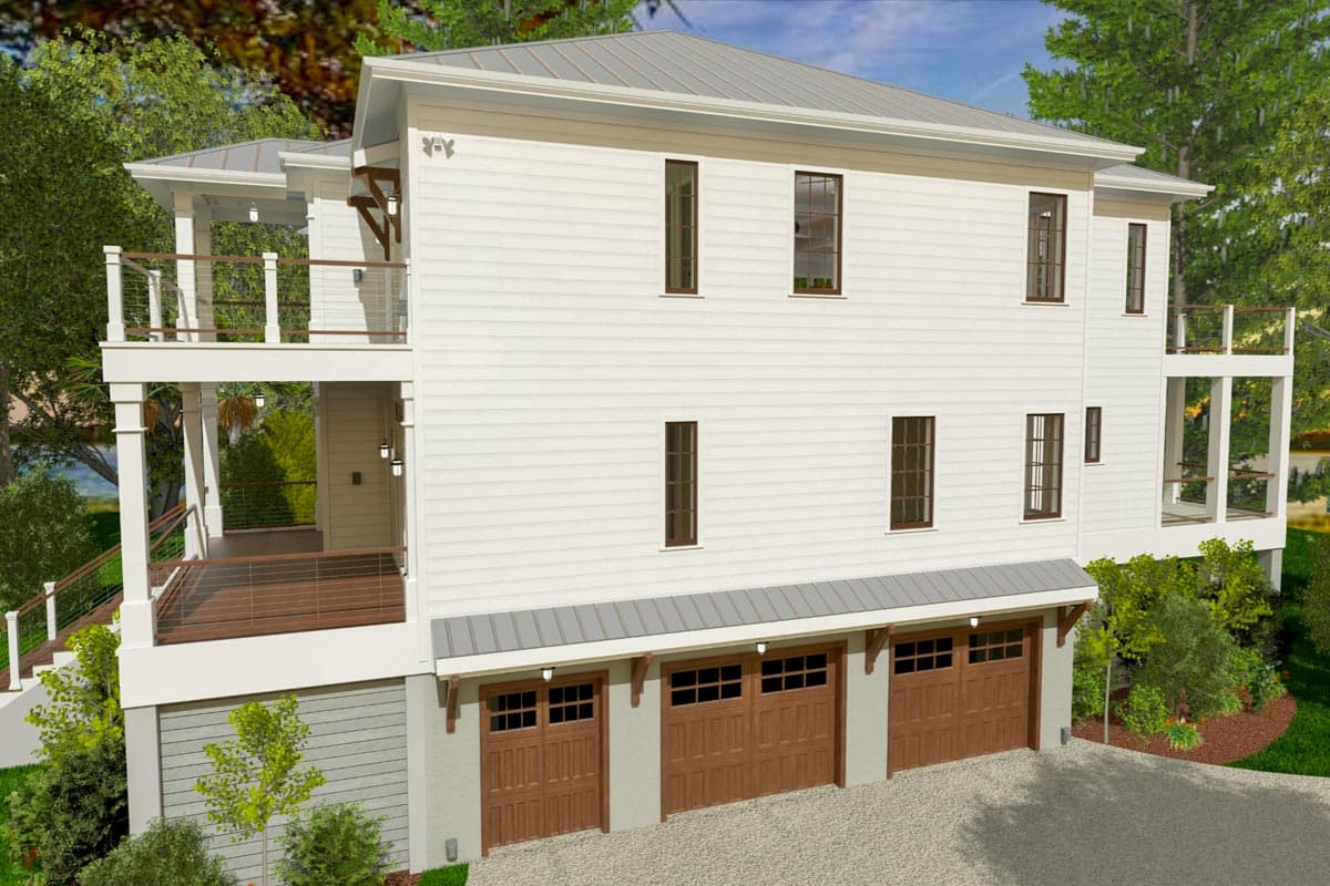 House plan exterior: Three-story white home with metal roof, multiple balconies, and a three-car garage.