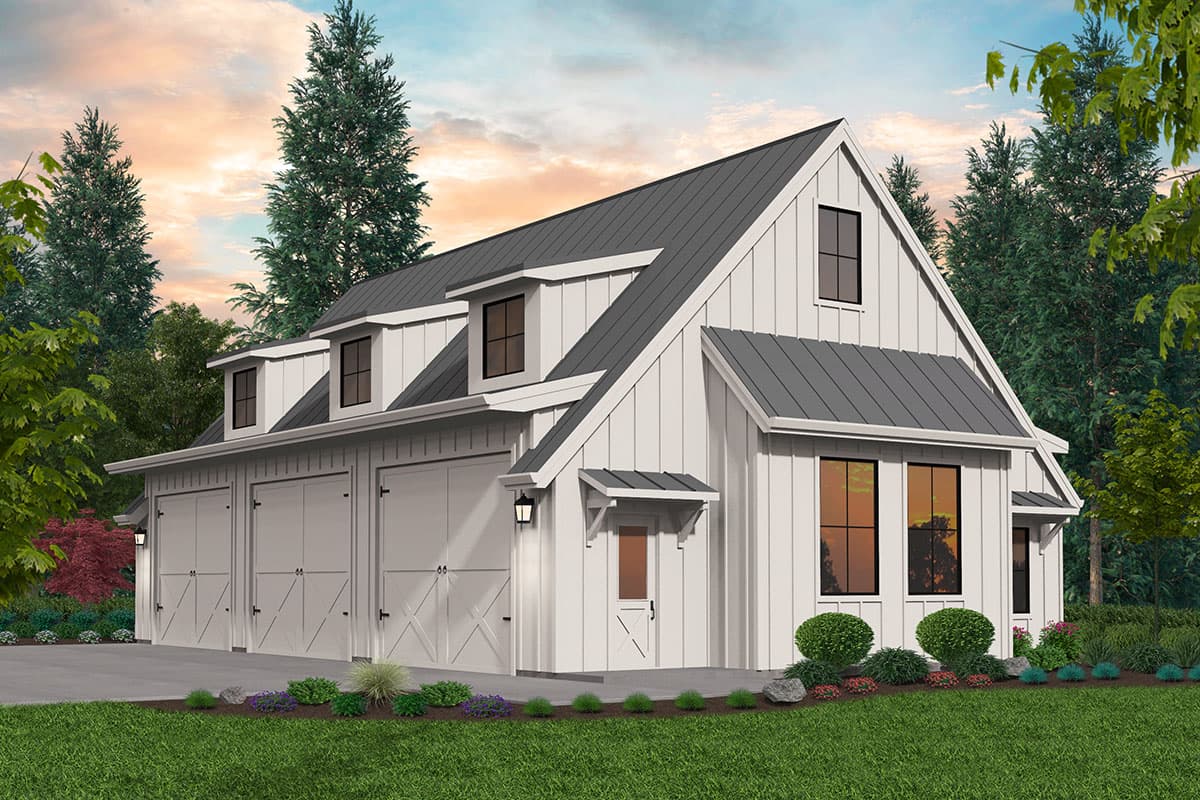 House plan exterior. Two-story Modern Farmhouse with gabled roof, dormers, and three-bay garage. Features include board and batten siding.