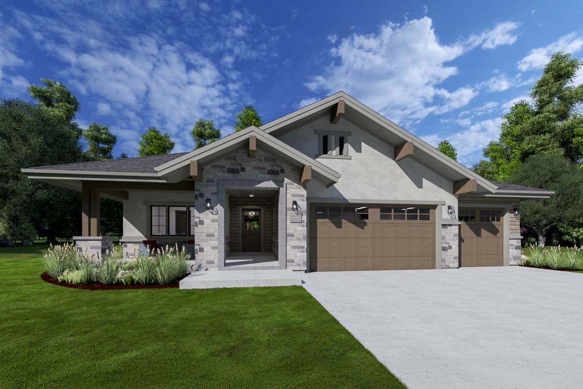 House plan exterior featuring a Craftsman-style design with a gabled roof, stone accents, a covered porch, and a two-car garage.