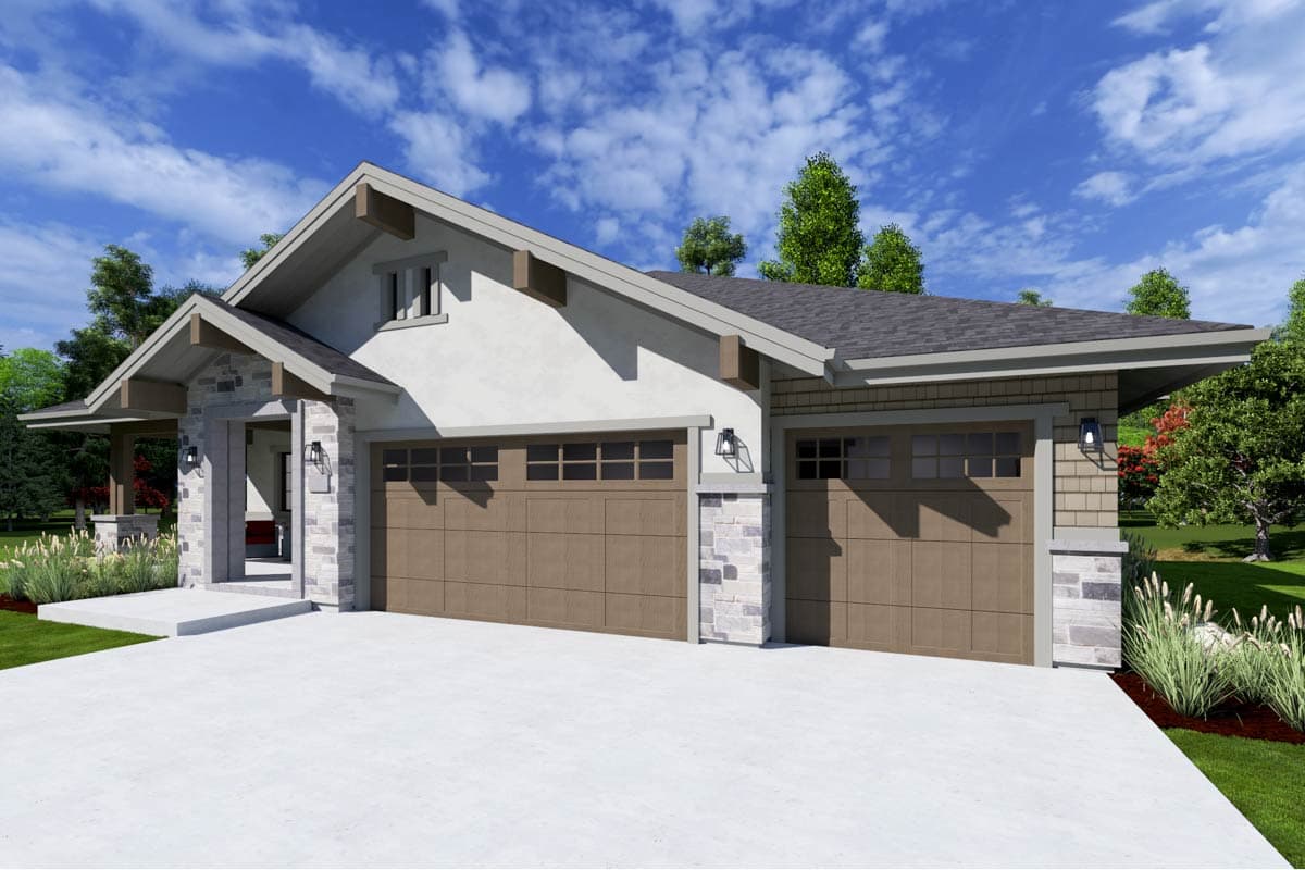 House plan exterior with a two-car garage, stone accents, covered entry, and prominent gables with exposed rafter tails.