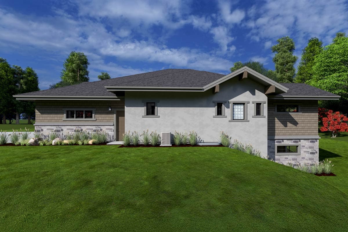 Modern house plan exterior with stone and shingle siding, a low-pitched roof, and prominent gables.