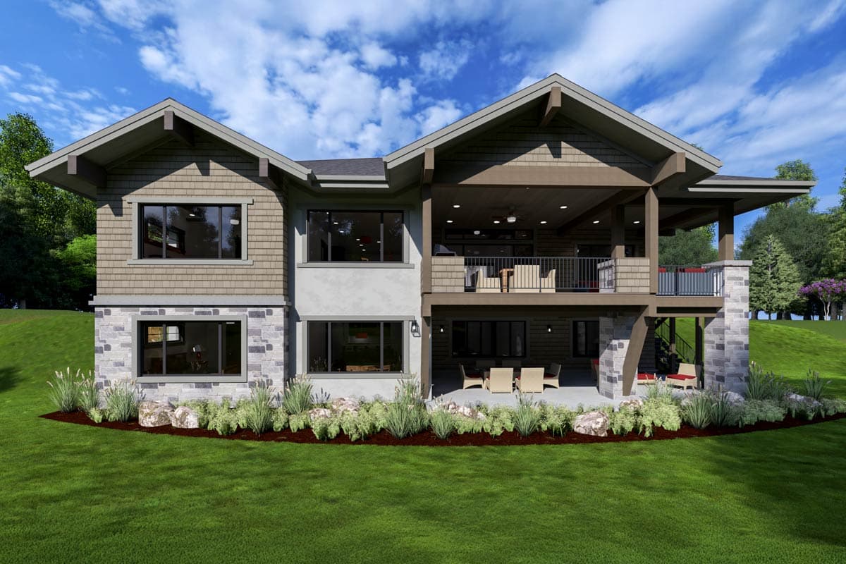 House plan exterior: Two-story home with stone accents, multiple gables, and covered upper and lower patios.