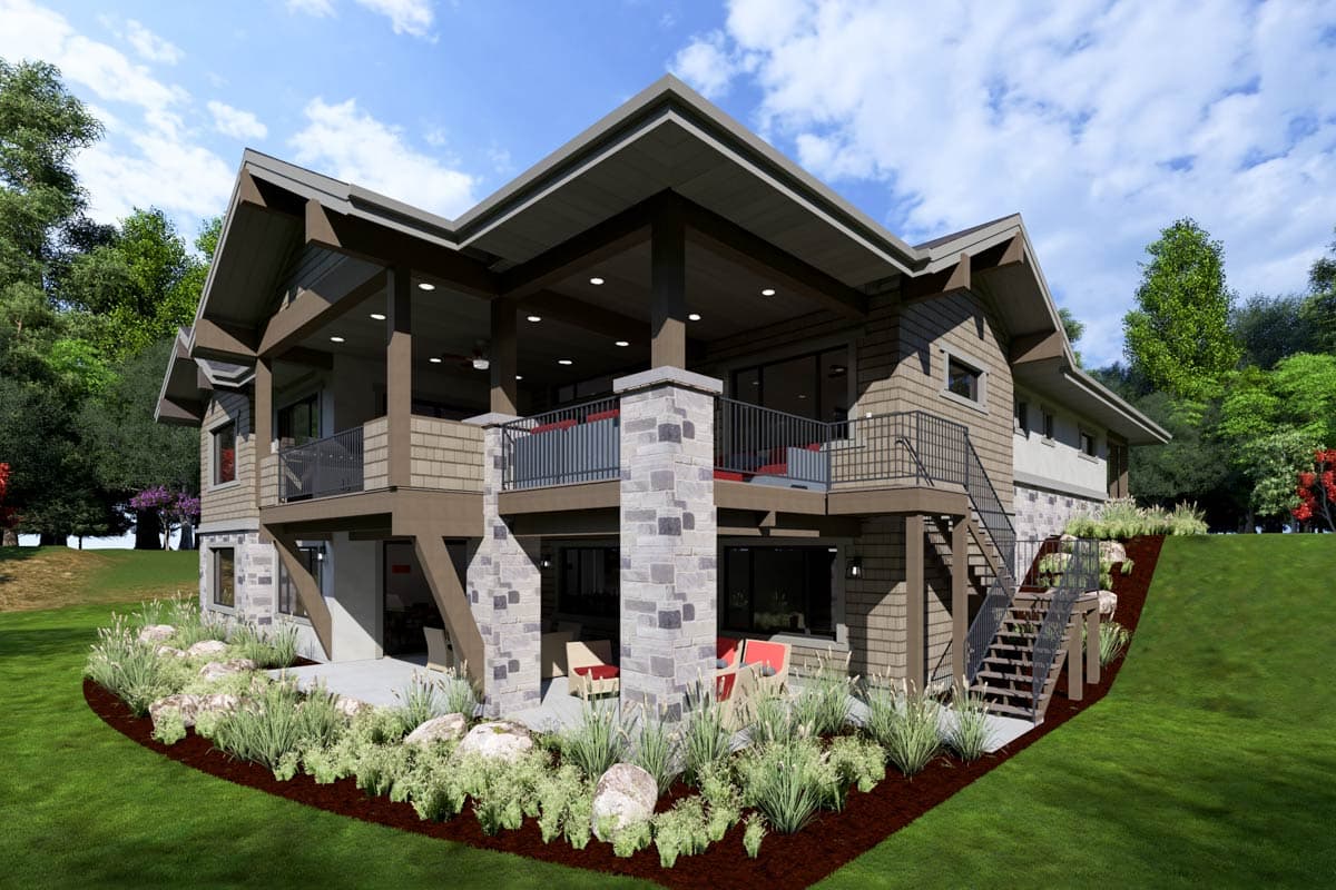 Modern house plan exterior with stacked stone base, multiple levels of covered balconies, and exposed beam gables.