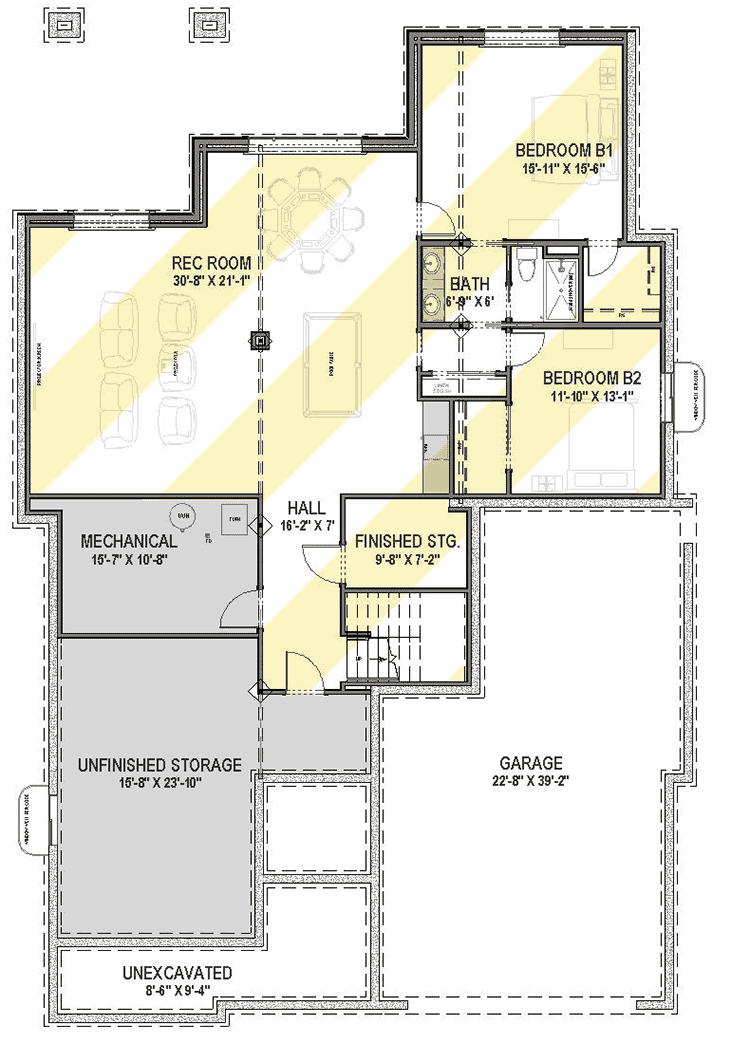 Plan 64496SC: One-Level Contemporary Home Plan with Tandem Garage - Floor Plan - Optional Lower Level