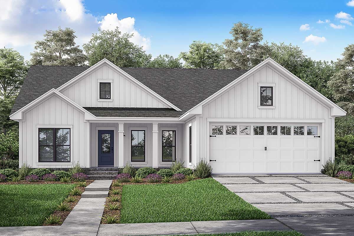 House plan exterior. Modern Farmhouse style with a gable roof, covered porch with columns, and attached garage. One story.