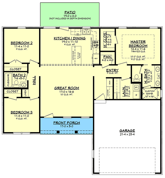 Plan 51819HZ: 3-Bed Contemporary Farmhouse Plan with Private Master Suite - 1416 Sq Ft - Floor Plan - Main Level - Cottage, Country, Farmhouse, Modern Farmhouse, Traditional