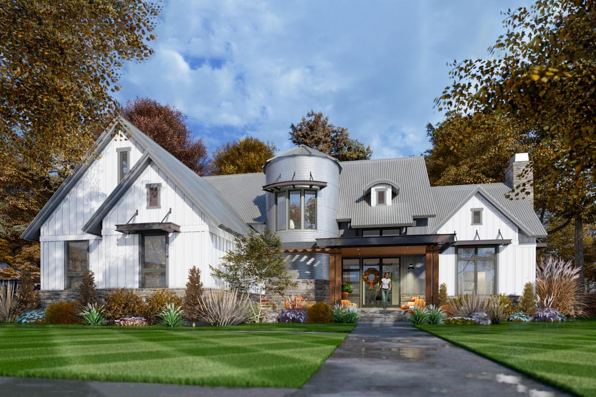 House plan exterior. Modern Farmhouse style with metal roof, cylindrical tower, gables, dormers, and a covered porch with exposed beams.