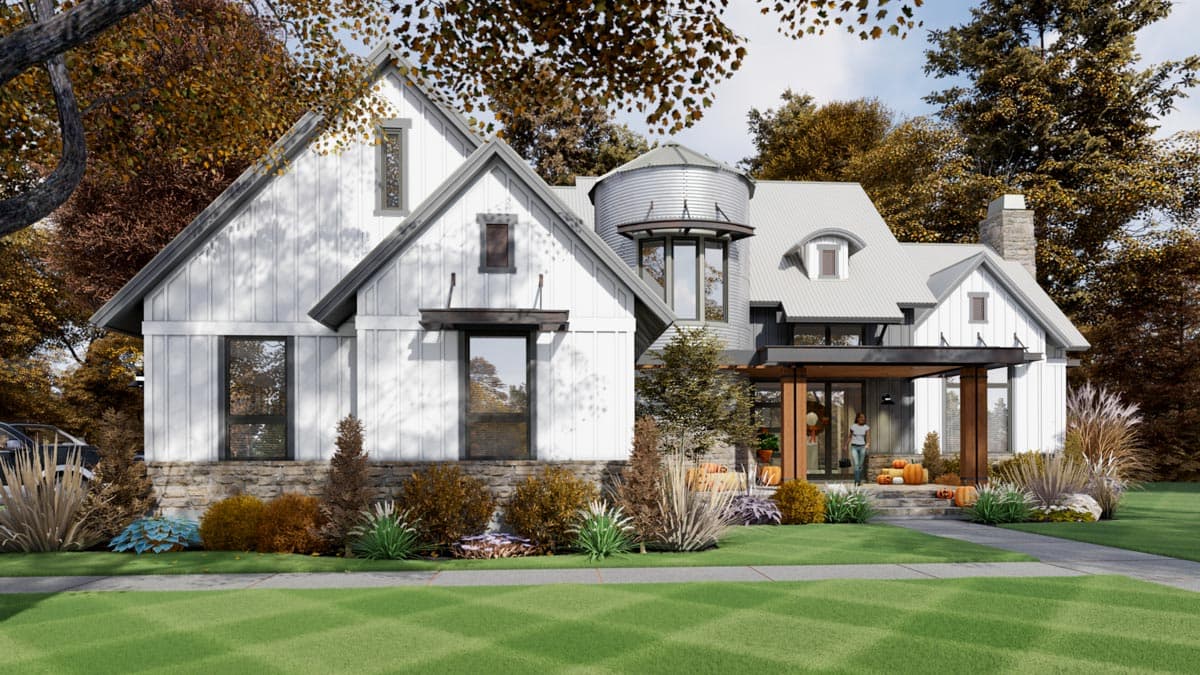 Modern Farmhouse house plan exterior with prominent gables, stone base, metal silo turret, and covered entry.