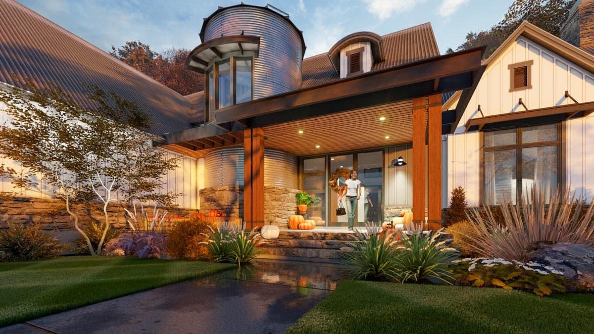 House plan exterior featuring silo architecture, gabled dormers, metal roof, stone and board-and-batten siding, and a covered entry.