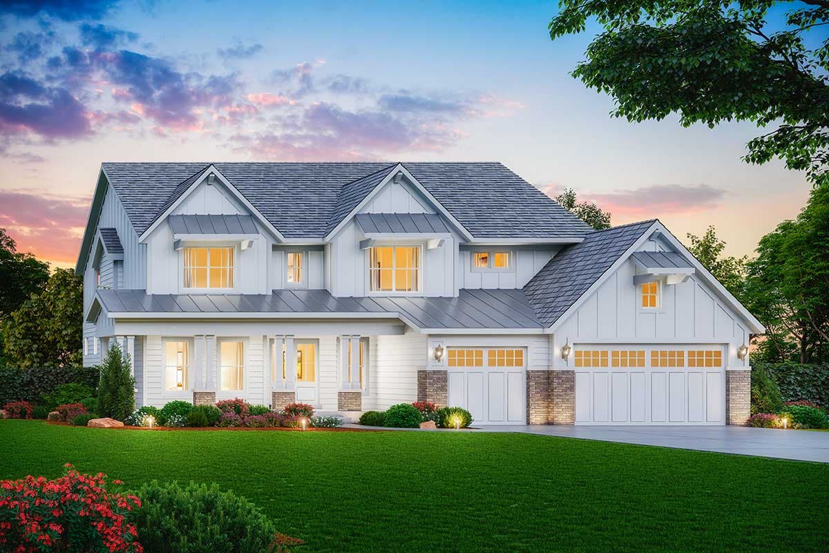 Modern Farmhouse house plan exterior with a three-car garage, gables, and a covered porch.
