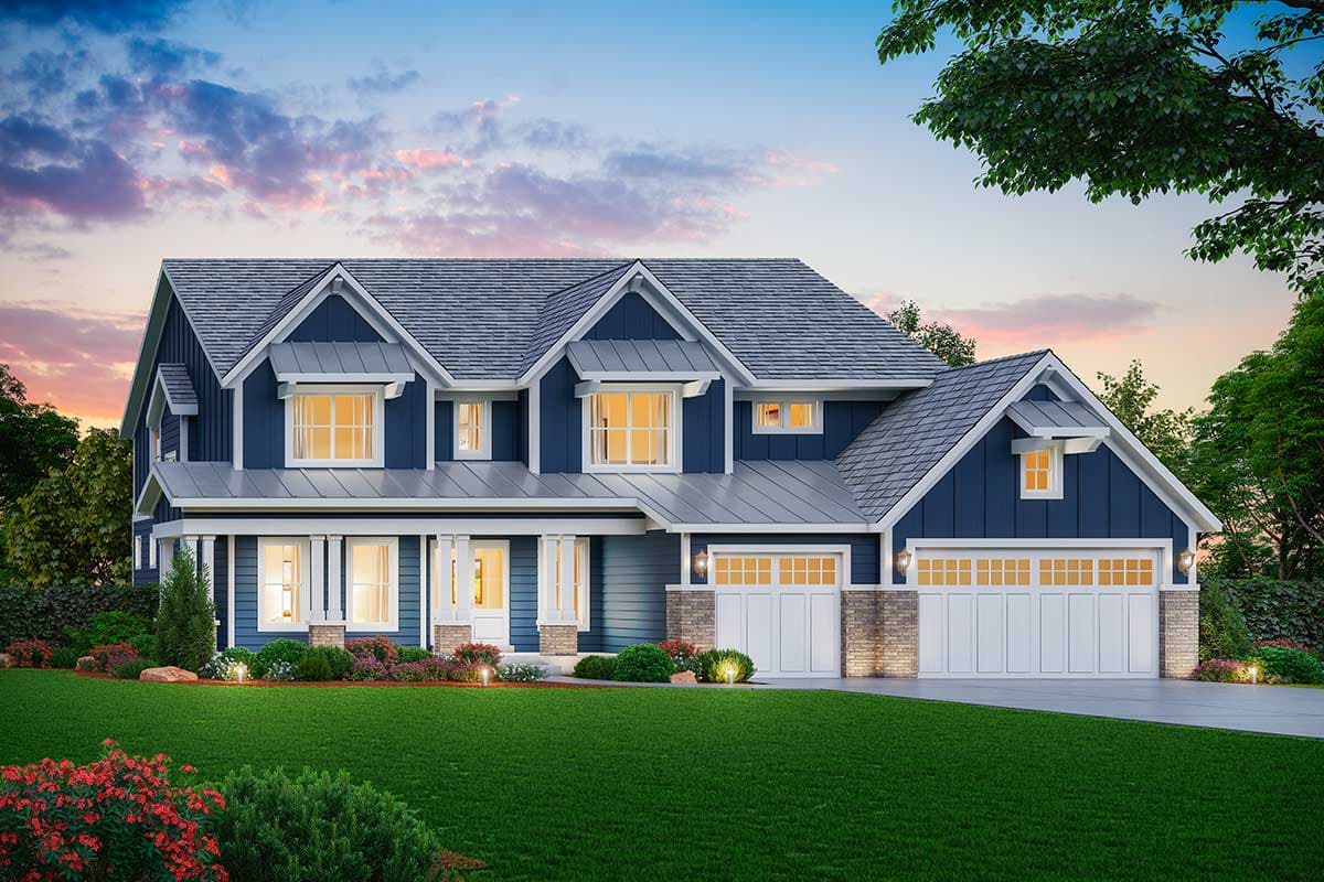 House plan exterior in a two-story Craftsman style. Features include a front porch, multiple gables, dormers, and an attached garage.