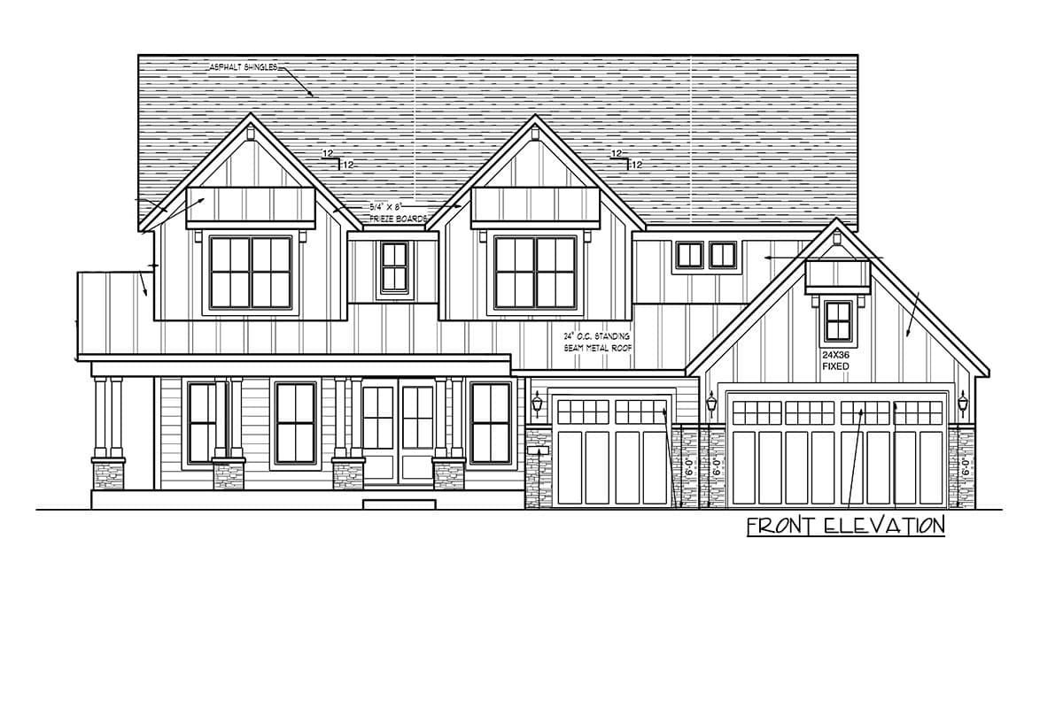Front elevation house plan with gables, multiple windows, covered porch, and a 3-car garage.