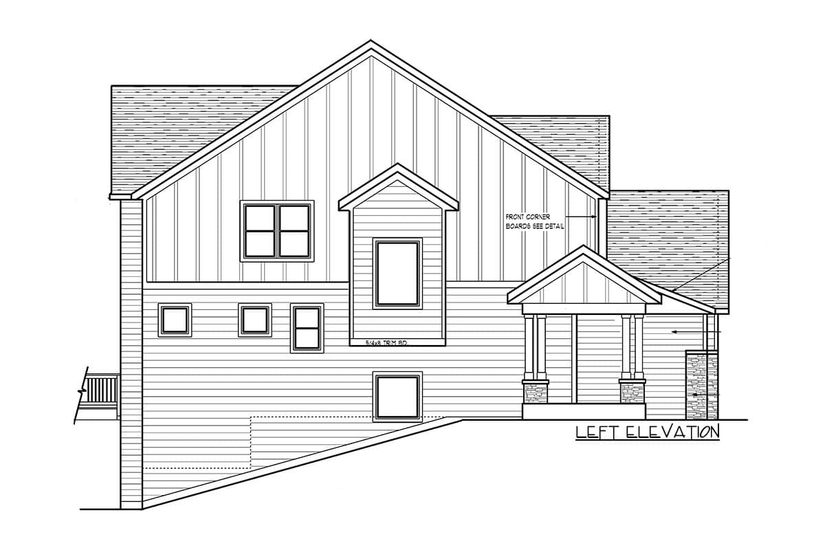 Left elevation of house plan showing vertical siding, multiple gables, and a covered porch with stone accents.