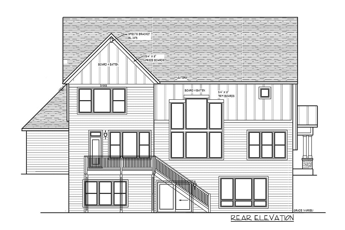 Rear elevation drawing of a two-story house with board and batten siding, multiple windows, and a covered balcony with stairs.