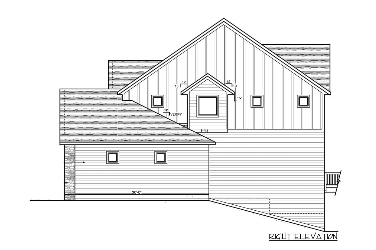 Right elevation house plan drawing showing multi-level rooflines, gables, dormers, and horizontal siding.