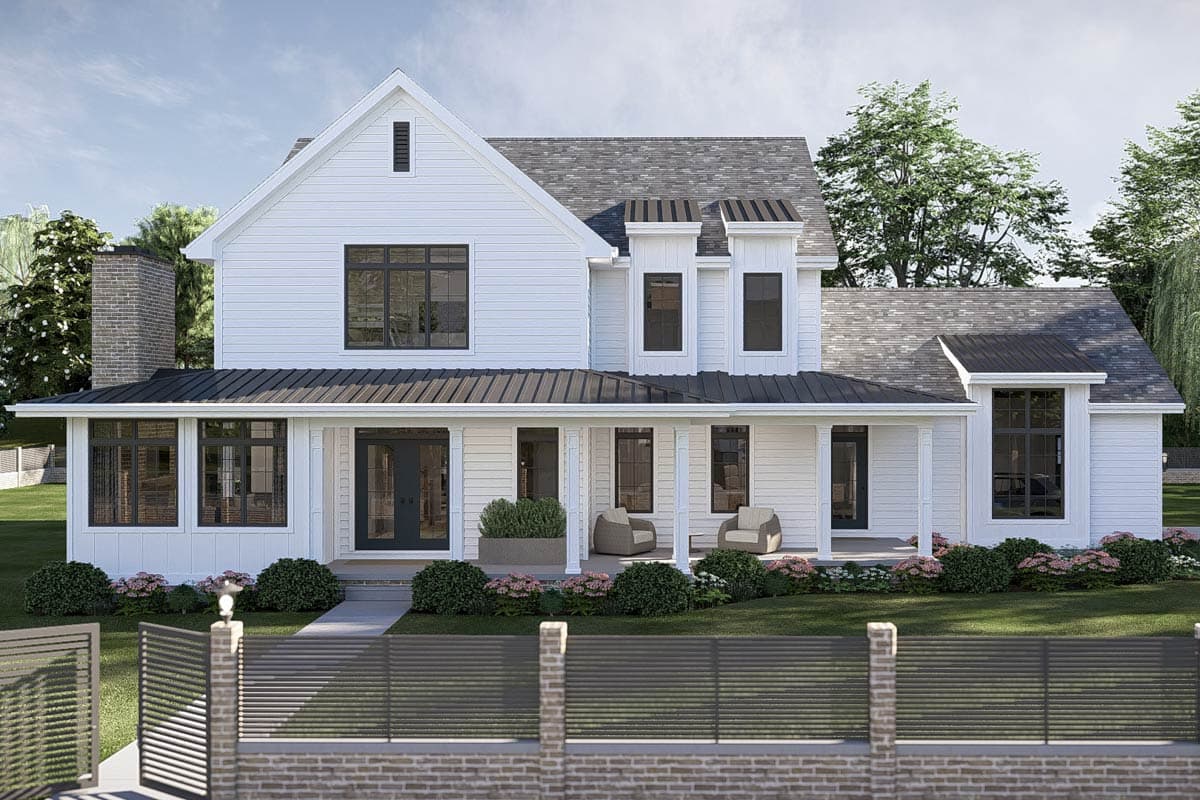 Modern Farmhouse house plan exterior with a wraparound porch, gabled dormers, and a prominent brick chimney.