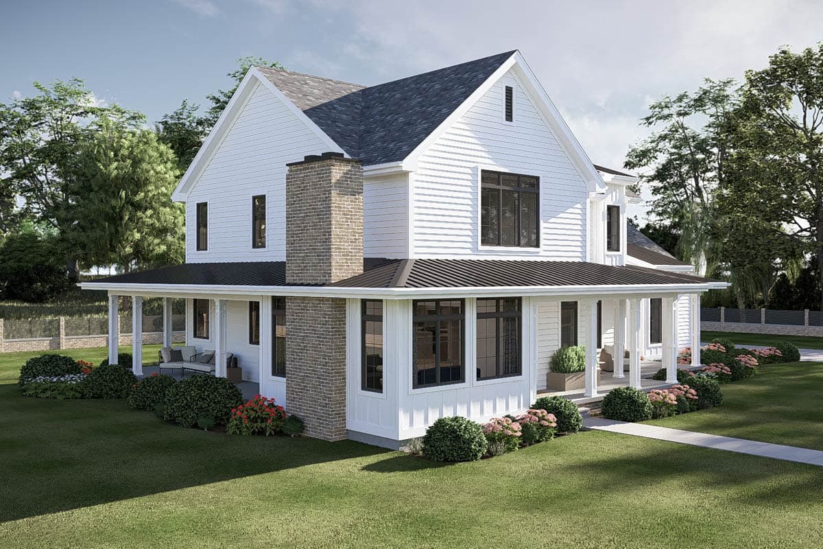 House plan exterior for a two-story Modern Farmhouse with a wraparound porch, brick chimney, and gables.