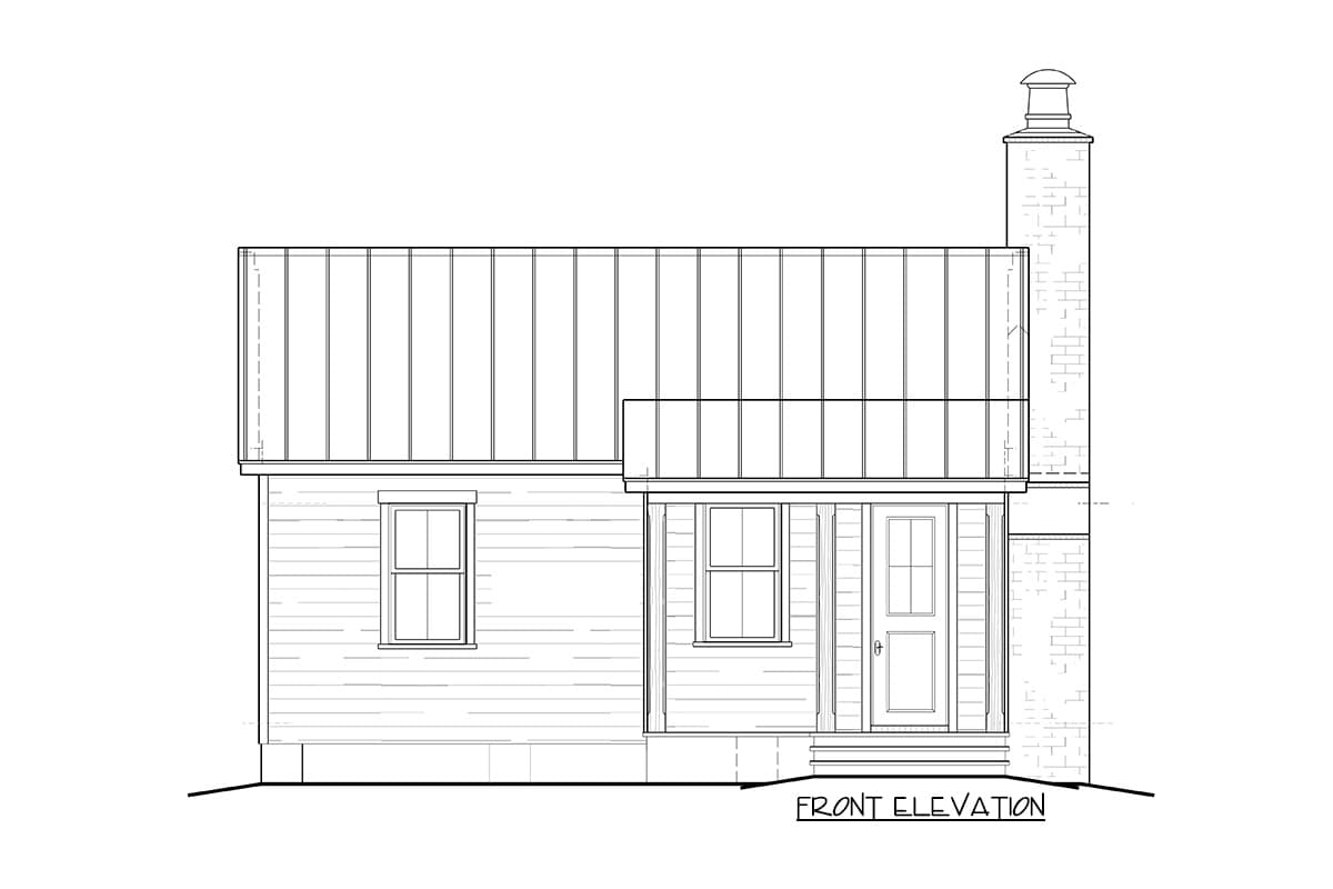 Front elevation house plan with a gable roof, centered front door with porch, and a brick chimney.