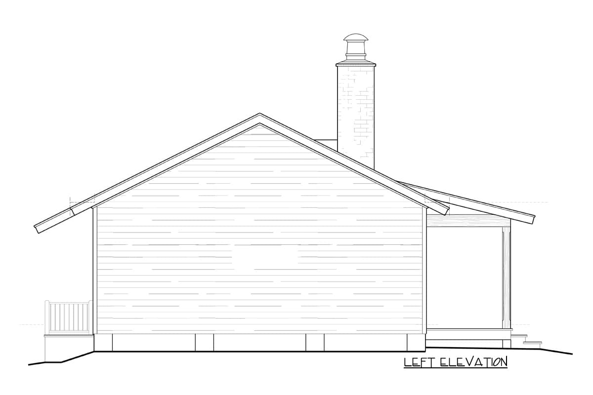 Left elevation house plan showing a pitched roof, gabled dormer, brick chimney, and covered porch with steps.