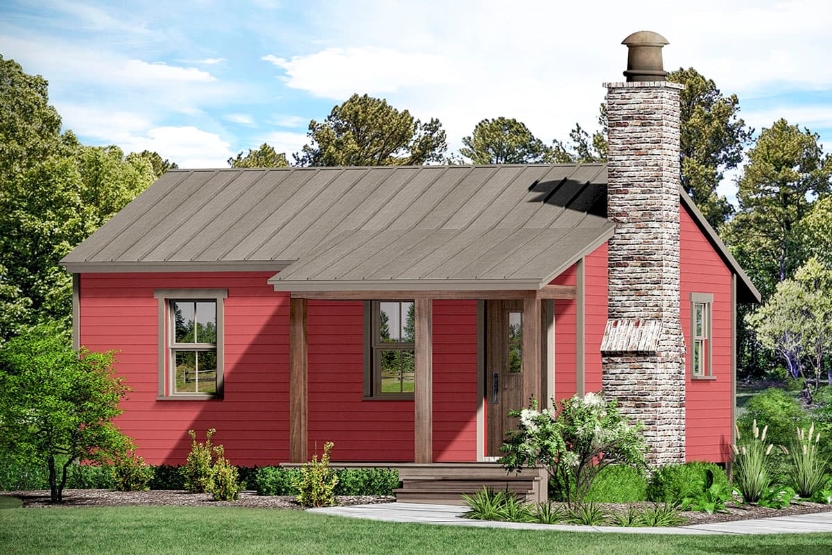 House plan exterior. One-story structure with a metal roof, front porch with supporting posts, and a stone chimney. Red siding exterior.