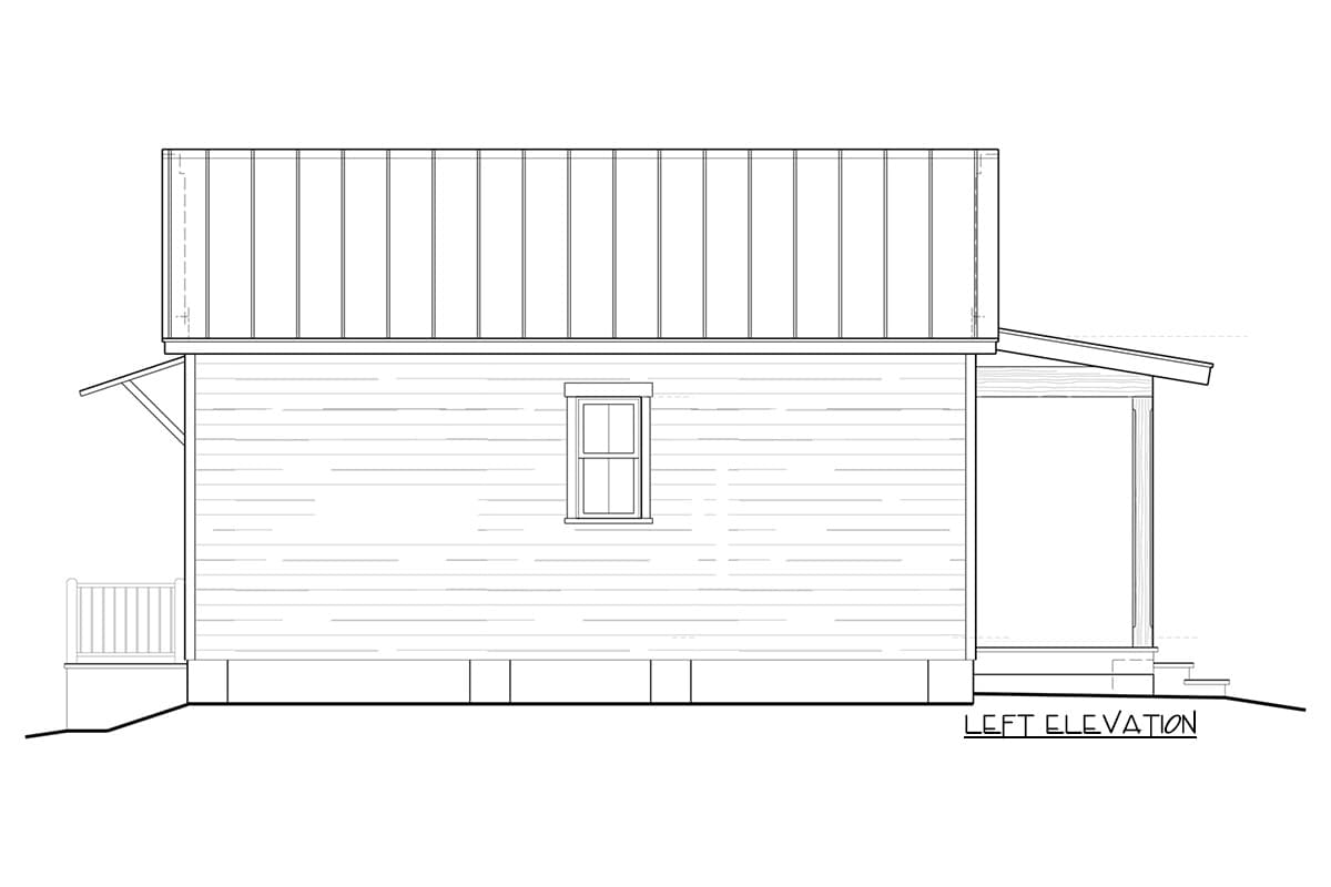 Left elevation floor plan for a single-story house with a standing seam metal roof, porch, and clapboard siding.