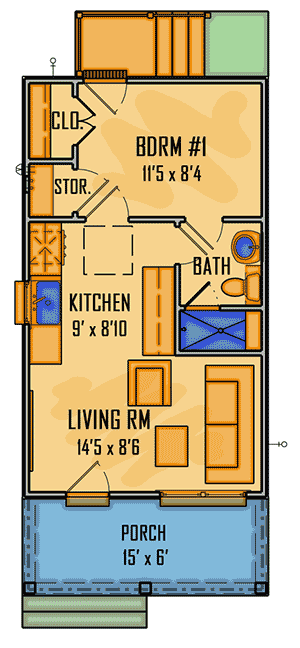 Plan 510124WDY: One-Bed Cottage Granny Pod with Backyard Access - 390 Sq Ft - Floor Plan - Main Level - Cottage, Vacation