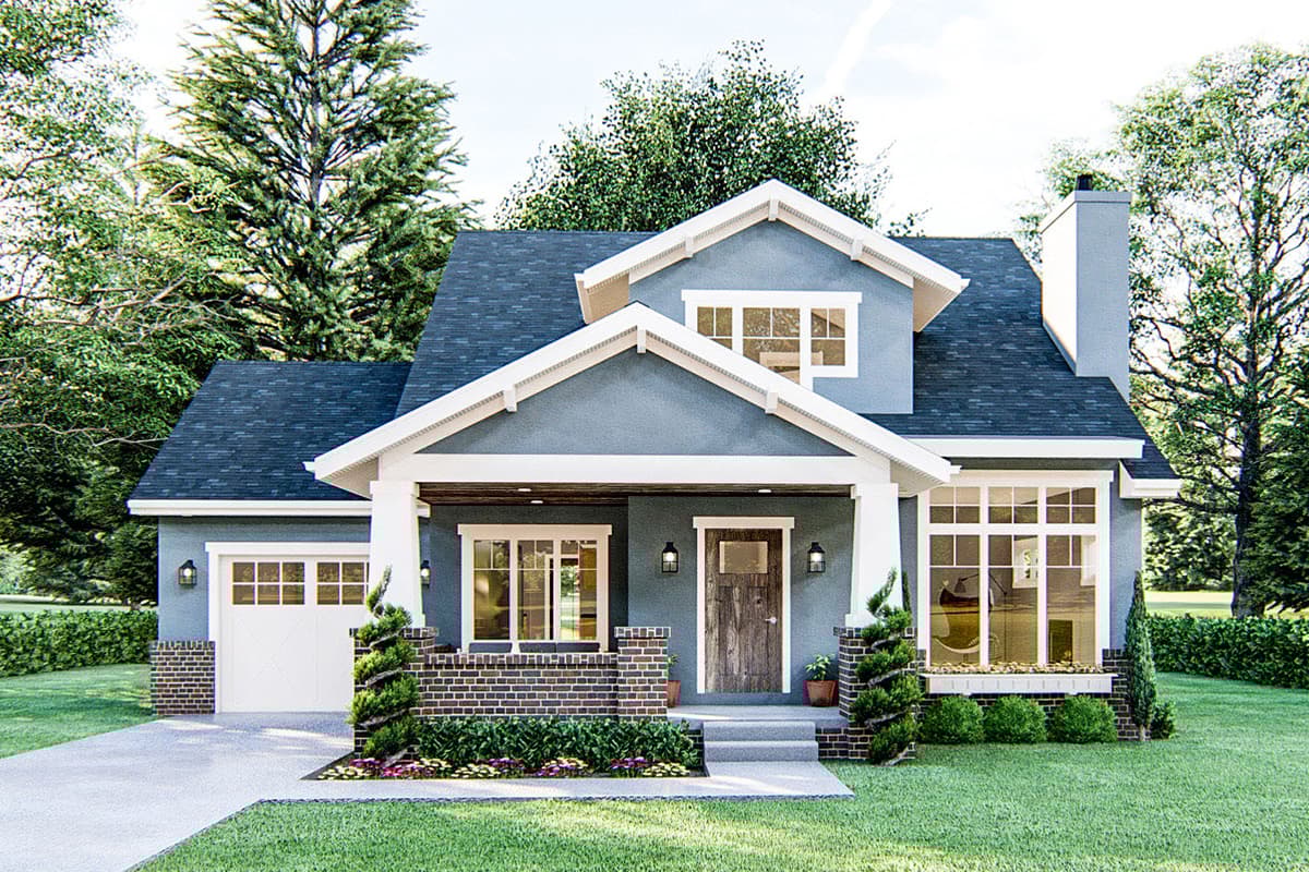 House plan exterior. Craftsman style, one-story home with a gabled roof and a front porch supported by columns. Includes a detached garage.