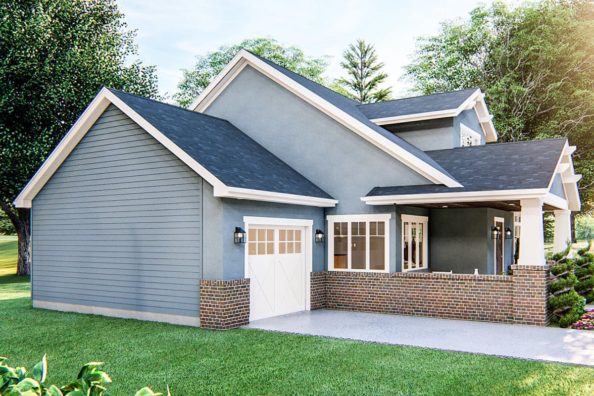 House plan exterior: Two-story Modern Farmhouse with gabled dormers, vinyl siding, brick wainscoting, and a covered front porch.