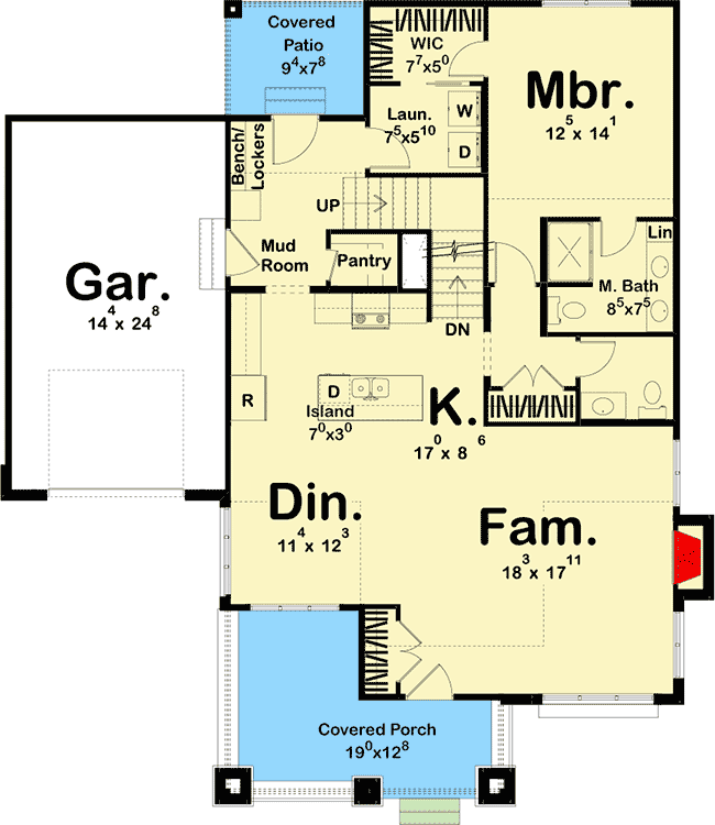 Plan 62817DJ: 3-Bed Cottage Home Plan with Great Curb Appeal - 1836 Sq Ft - Floor Plan - Main Level - Bungalow, Cottage, Craftsman