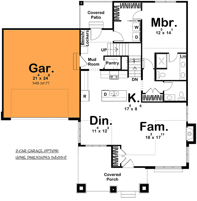 Plan 62817DJ: 3-Bed Cottage Home Plan with Great Curb Appeal - 1836 Sq Ft - Floor Plan - Main Floor - 2-Car Garage Option (549 sq. ft.) - Bungalow, Cottage, Craftsman