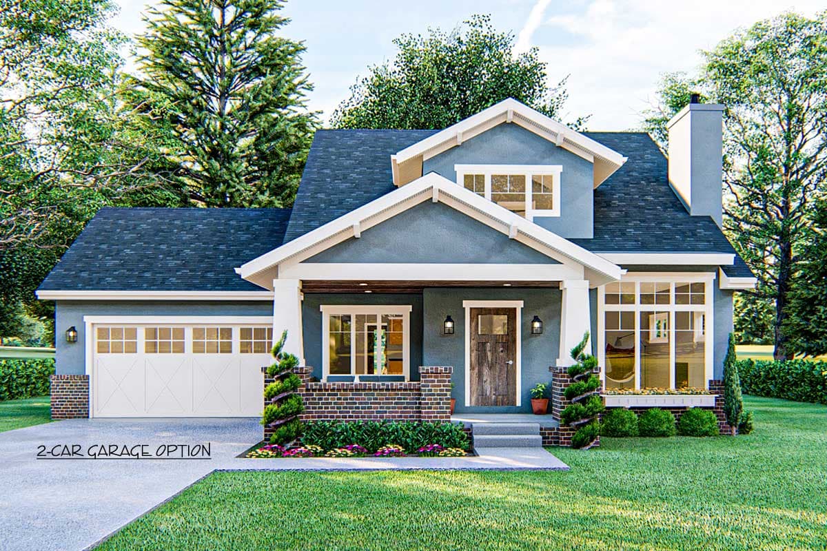 House plan exterior: Two-story Modern Farmhouse with gabled dormer, covered porch, and two-car front-facing garage.