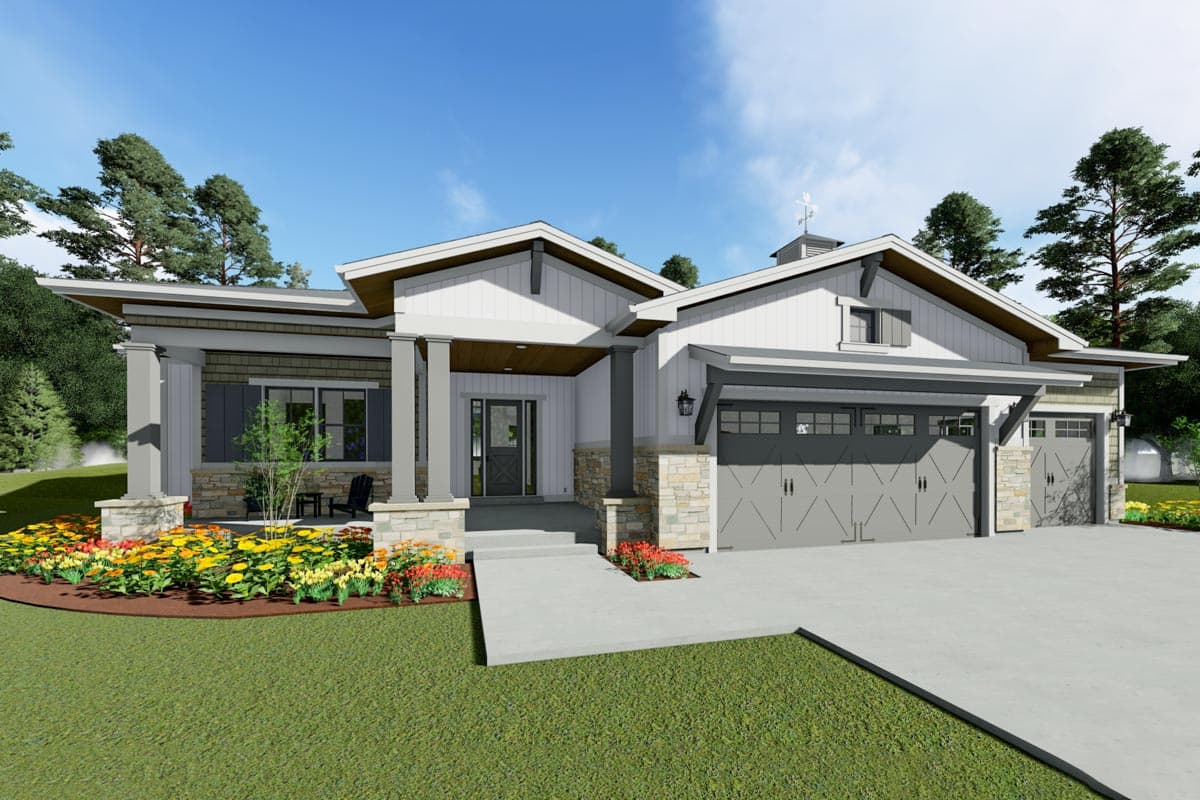 House plan exterior. Modern Farmhouse style with a front porch, gables, and a two-car garage with stone accents.