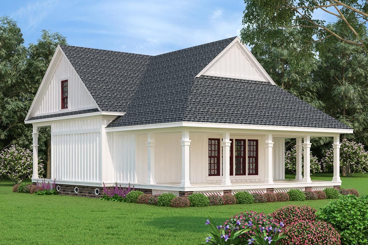 House plan exterior: One-story Modern Farmhouse with wraparound porch, prominent gables, and board-and-batten siding.
