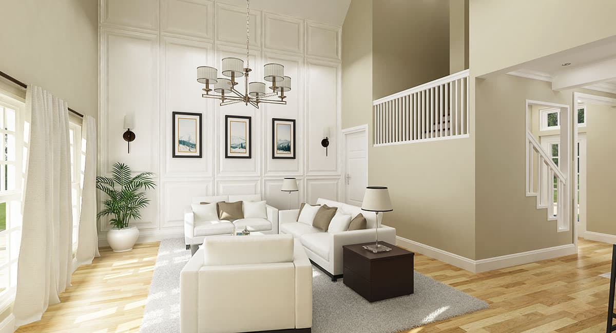 Living room rendering with tall paneled walls, white sectional sofas, chandelier, and a staircase with white railing.