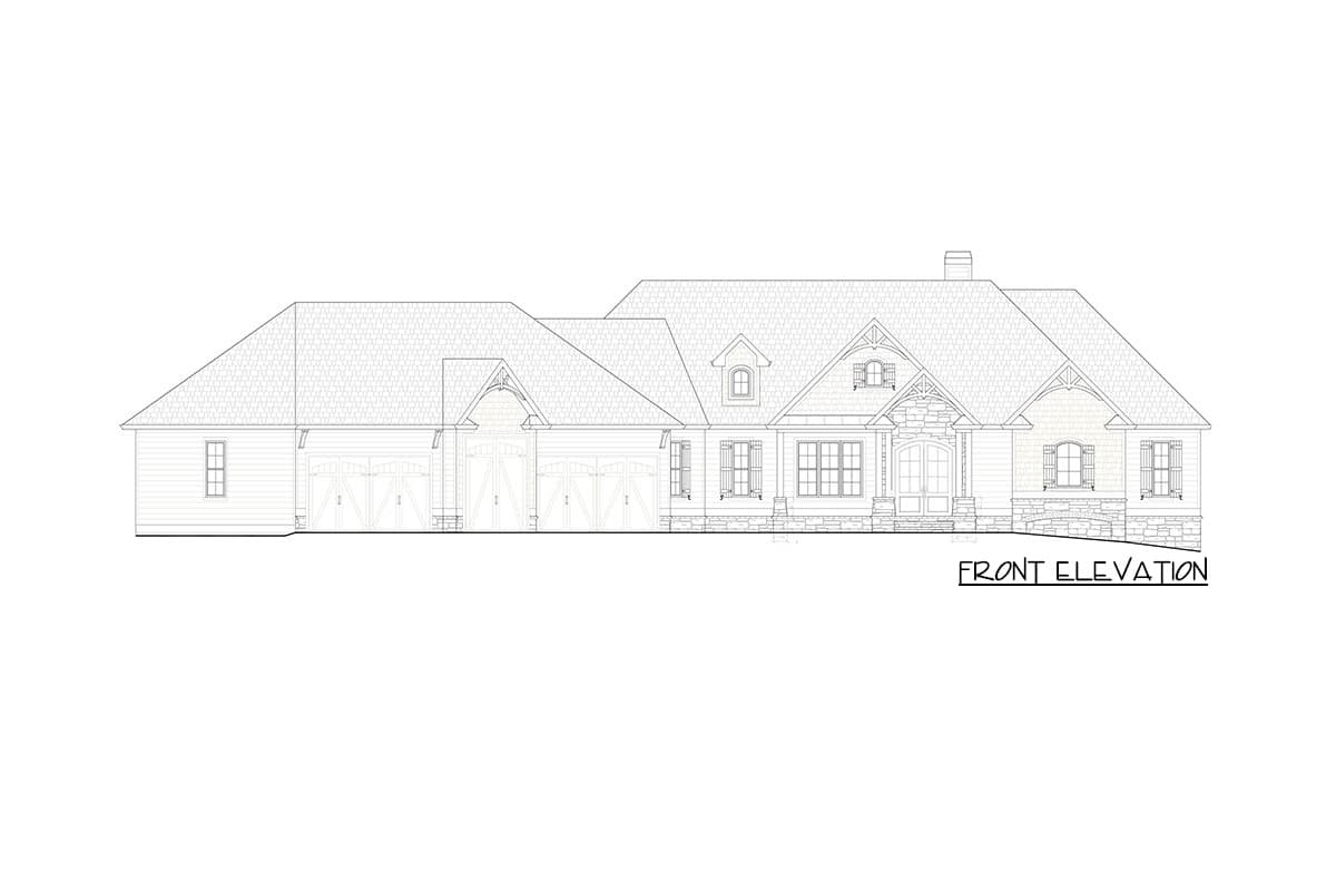 Front elevation drawing of a single-story house plan with a three-car garage, stone accents, and multiple gables.