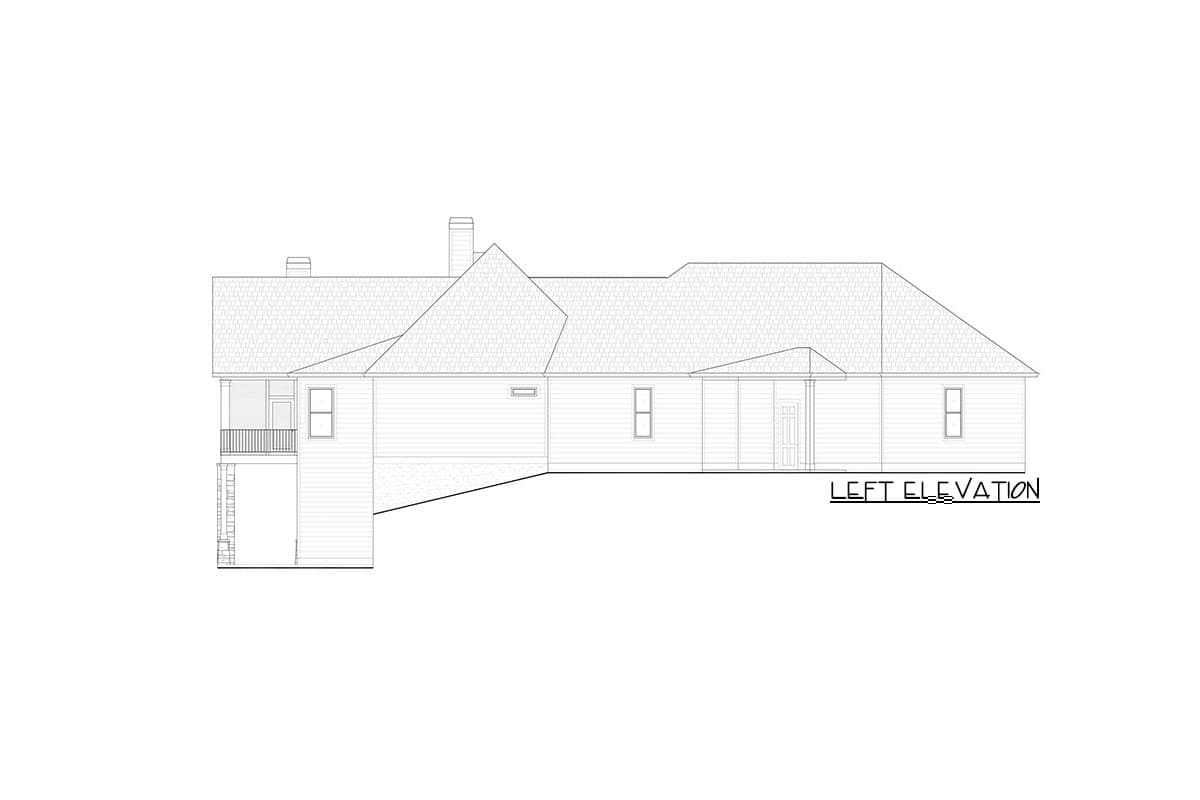 Left elevation drawing of a house plan showing a hipped roof, gables, chimney, porch, and multiple windows.
