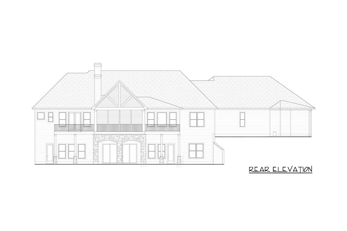 Rear elevation drawing of a house plan featuring a screened porch, stone accents, multiple windows, and a gabled roof.